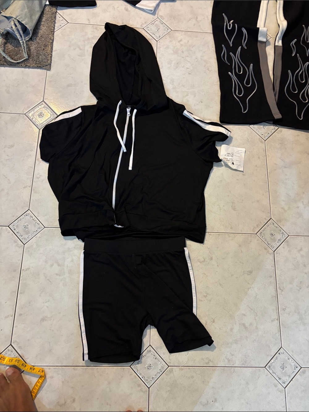 Vibe Black & White Girls' Hooded Short Sleeve Top and Shorts Set